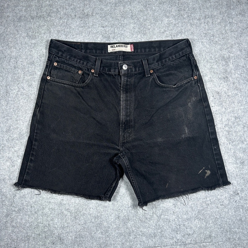 Levi's Denim jean shorts Mens 38x30(34x5) Black 550 Relaxed Fit Cut‎ Off Raw Hem